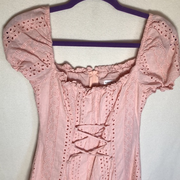 Peasant style Pink Summer Dress Lace up Front Lined with Floral size M - Picture 2 of 8